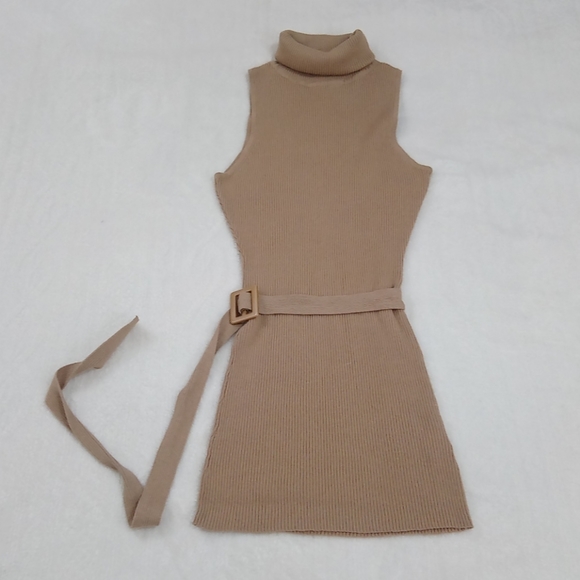 Tan Sleeveless Ribbed Turtle Neck Sweater Top Waist Belt - Picture 1 of 8